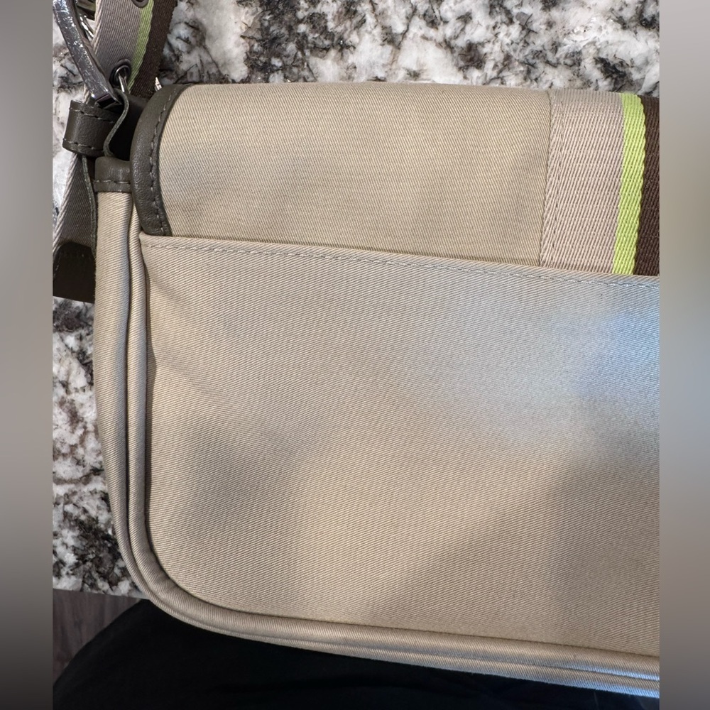 Vintage Longchamp Beige Olive Stripe Shoulder Bag Y2K Baguette France - Picture 10 of 12
